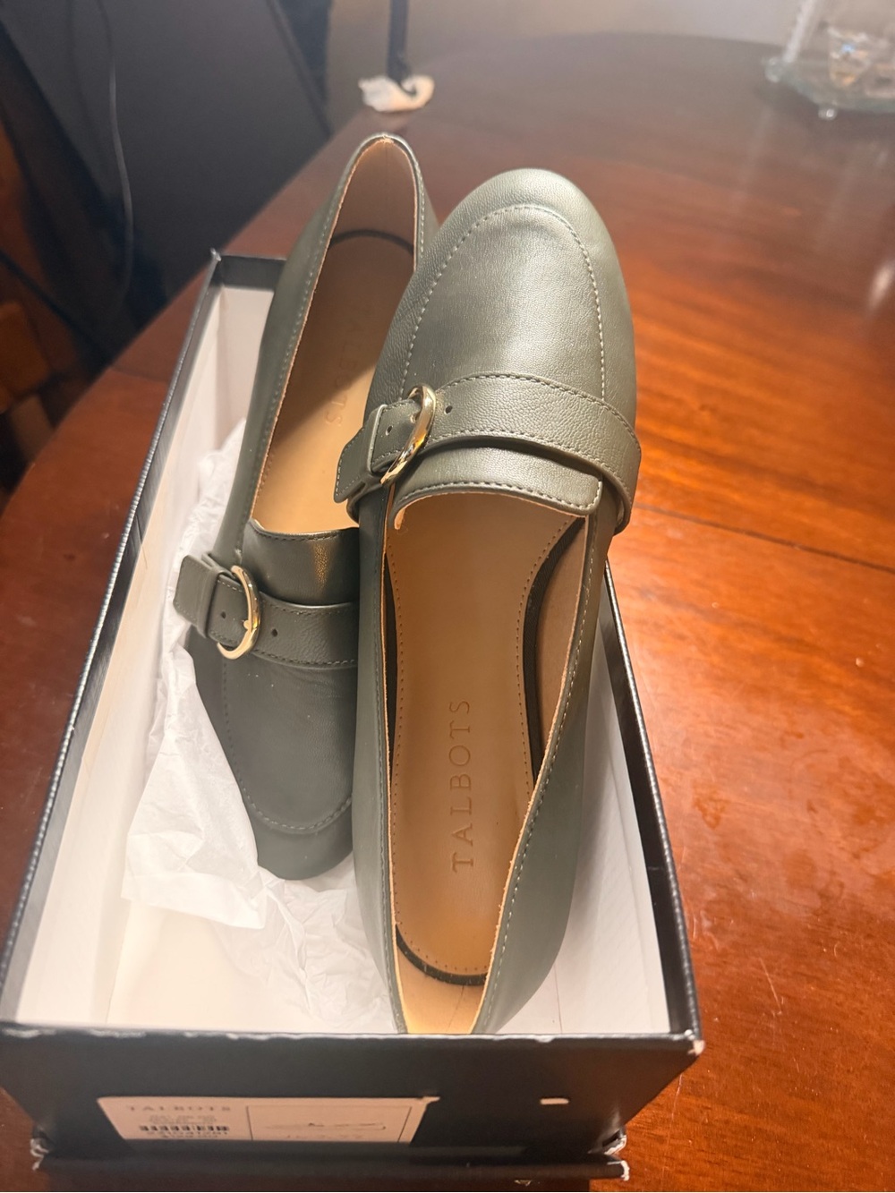 Talbots Olive Green Leather Buckle Loafers